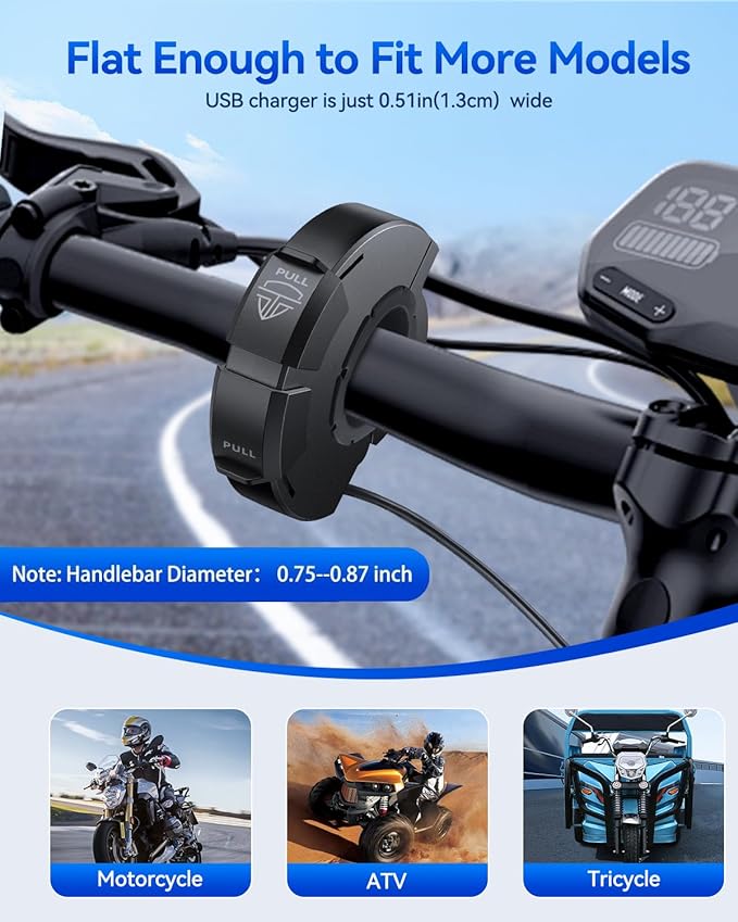 EXTRACTME Motorcycle Phone Charger, Ultra-Narrow Dual USB Type C 30W PD & Quick Charge 3.0 Motorcycle USB Charger, Waterproof Motorcycle USB Port for Phone, Tablet, GPS (Only 0.51 in Wide), Black