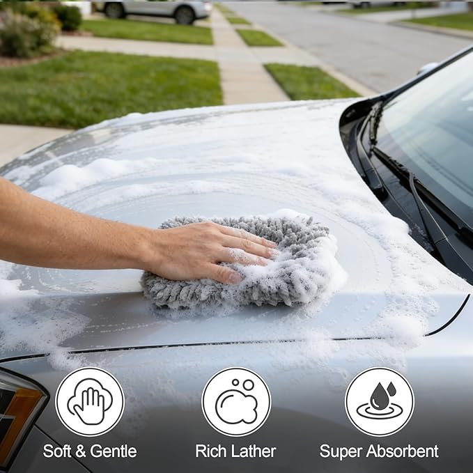 Microfiber Cleaning Cloths for Cars - 2 Pack Chenille Microfiber Wash Pads Gray Car Wash Pad for Gentle Cleaning of Cars Motorcycles Boats,Soft and Highly Absorbent,Easy to Clean and Reusable