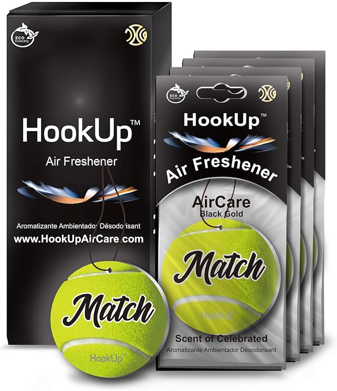 Tennis Car Air Freshener by HookUp - 4 Pack - Black Gold Scent (Extra Strong) | Unique Tennis Gift for Players, Coach, Fans | Hanging Car Accessory with Long Lasting Fresheners Smell