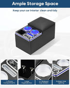 Upgraded Center Console, Wireless Charging Phone Holder & Cup Holders Armrest Organizer for Car Minivan Truck Van, Universal Rear Bench Seat Storage Box with 7 Modes LED Light