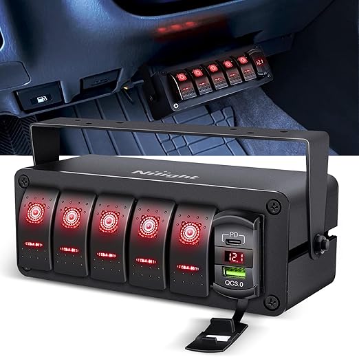 Nilight 5 Gang Rocker Switch Box 12V SPST ON Off Toggle Switches PD Type C and QC 3.0 USB Charger Voltmeter LED Light Waterproof Aluminum Mount Bracket Panel DIY Stickers for Boat Car RV Truck