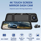 4K Rear View Mirror Camera, 10" Mirror Dash Cam Front and Rear with 64GB Card, Full Touch Screen Dash Cam with 1080P Backup Camera for Car with Reverse Assist,WiFi,APP,Night Vision,Parking Monitor