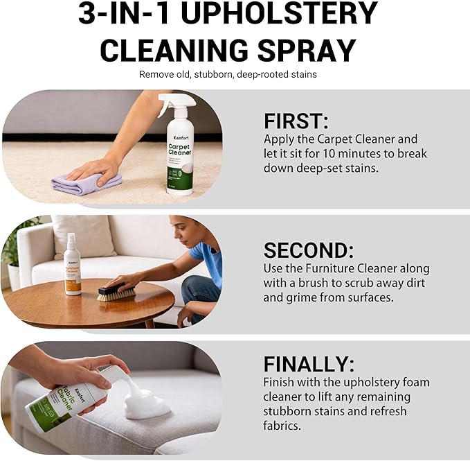 Carpet & Upholstery Cleaner 5-Piece Set, Fast Action Stain Remover for Furniture, Fabric, Sofa, Car Seats & Clothes - Includes Brush and Towel - Safe for Kids and Pets, Includes Brush & Towel