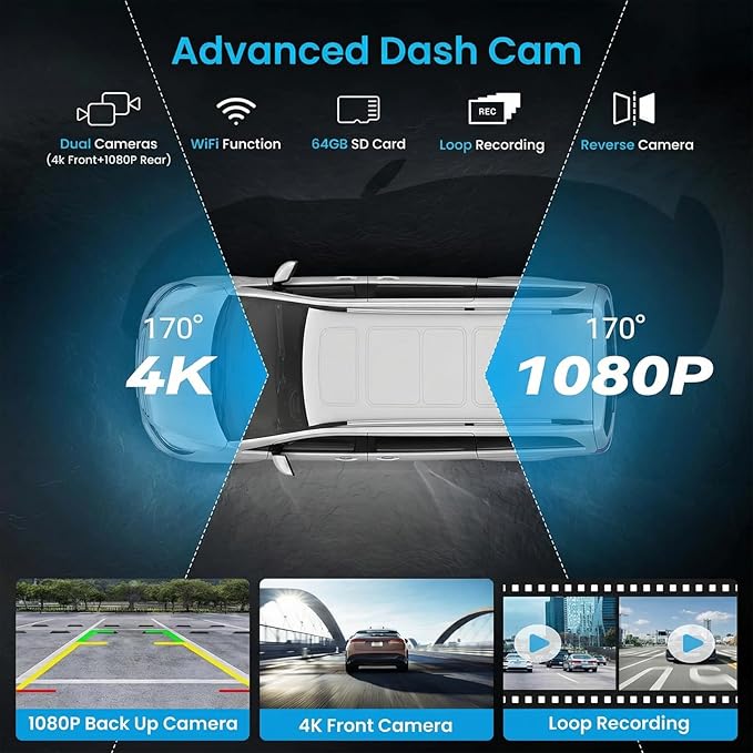 10.26 Inch Wireless Apple CarPlay & Android Auto Screen for Car with 4K Dash Cam,Ultra-Light Touchscreen, IP68 1080P Backup Camera, GPS Navigation, Voice Control, Mirror Link(64GB U3 Card)