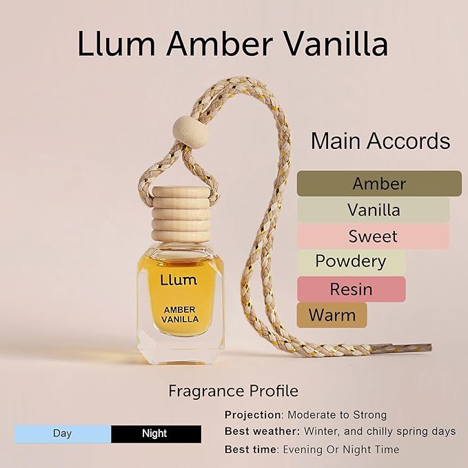 Llum Amber Vanilla Hanging Car Air Freshener – Luxury Automotive Perfume Diffuser 10ml (0.34 fl oz), Long-Lasting Fragrance, Alcohol-Free Non-Toxic Car Scent, Glass Bottle With Wood Cap & AC Vent Clip