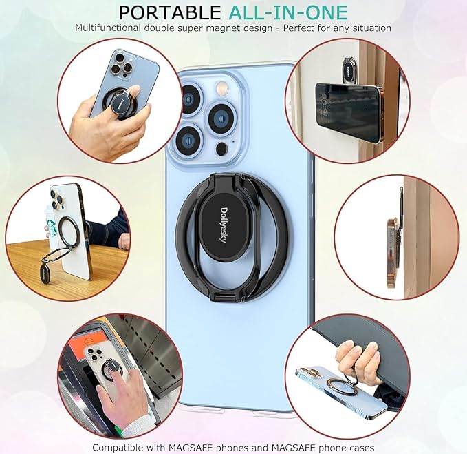 Doflyesky Magnetic Phone Ring Grip Holder, Dual-Sided Magnetics Adjustable Gym Finger Ring Grip Kickstand, Removable Phone Grip, for iPhone, iPad and Smartphones