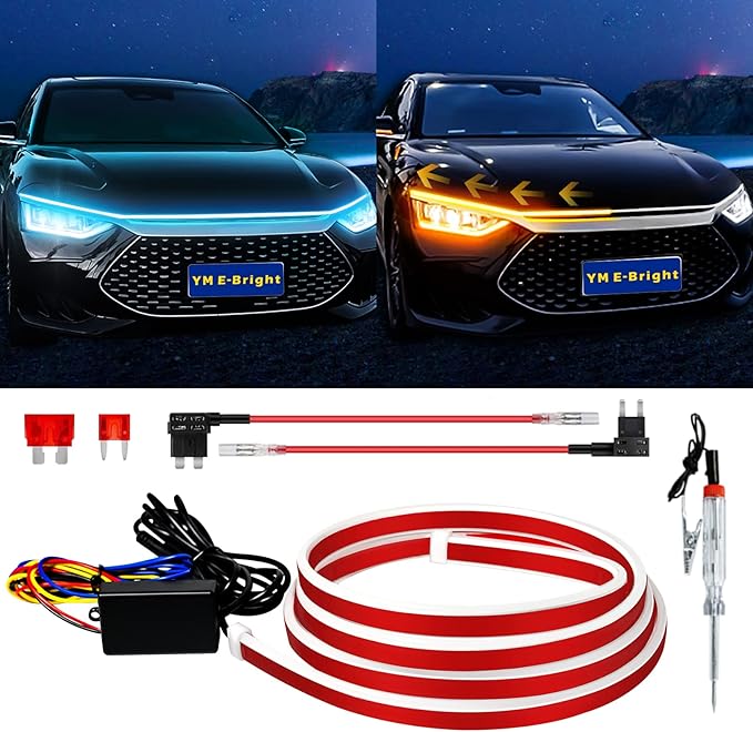 Dynamic Scan Start Up Hood Light Strip Sequential Flowing Turn Signal Lights Flexible Car Led Light Strip Exterior DRL Daytime Running Light,Dual Color Amber Ice Blue Switchback 12V 59inch (1Set)