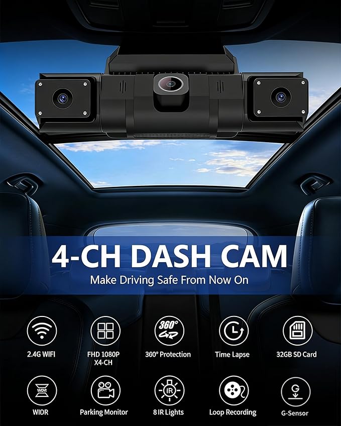 4 Channel 360 Dash Cam Front and Rear Inside & Left Right for Cars, 1080P with GPS 2.4GHz WiFi & APP Control, IR Night Vision, WDR, G-Sensor,Loop Recording, 24H Parking Mode,32GB Card for Taxi
