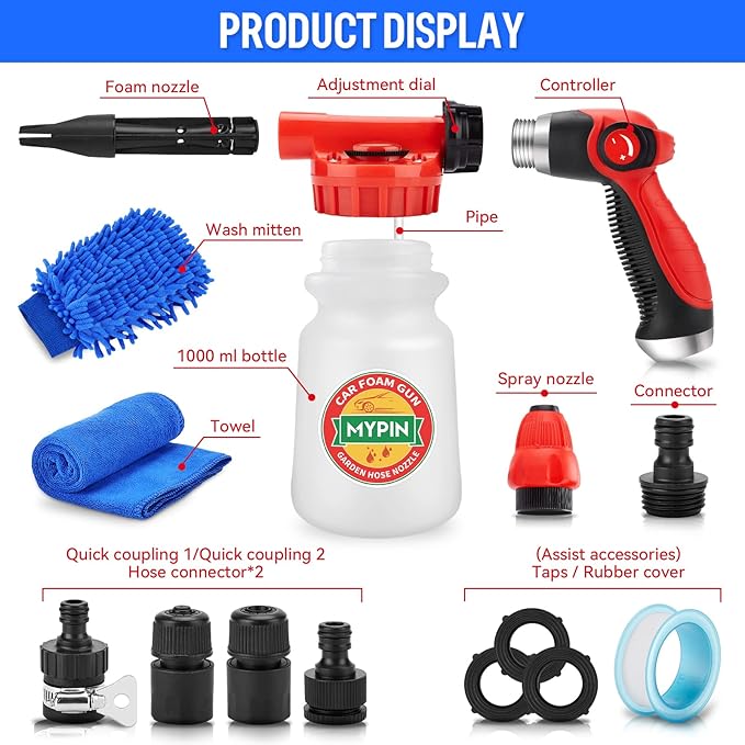 Car Wash Foam Gun/Hose Sprayer, 16 IN 1 Cannon, Adjustable with 2.5-6 Ratio Dial Foam Blaster, 1L Bottle, Nozzles, Mitten, 1/2” Quick Connector for Garden Hose, for Car/Garden Cleaning