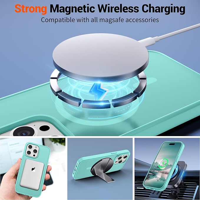 SUPFINE Magnetic for iPhone 15 Pro Case (Compatible with MagSafe) (Military Grade Drop Protection) Translucent Matte Shockproof Phone Cover,Blue Green