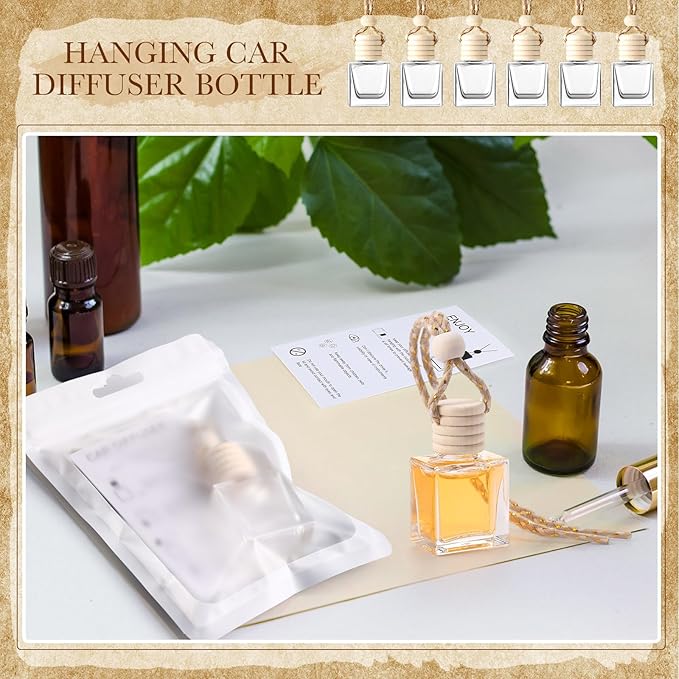 Boao 100 Sets Hanging Car Air Freshener Diffuser Bottles with Instruction Card and 4 x 6'' Resealable Holographic Bag for Empty Car Essential Oil Perfume Bottles Packaging (Cube)