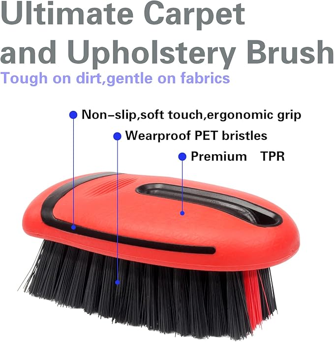 Carpet Cleaning Brush & Upholstery Brush Set, Hard Bristle Carpet Scrub Brush, Rug Brush, Couch Cleaner Brush, Fabric/Leather Detail Brush for Car, Home & Outdoor Furniture (Red)