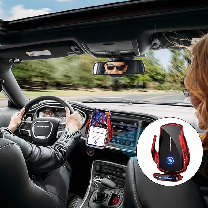 Wireless Car Charger Mount Automotive Electric Induction 15W Fast Charging Auto Clamping Car Phone Holder Mount Wireless Charging Mount Air Vent Phone Holde Compatible with All Android (Red)