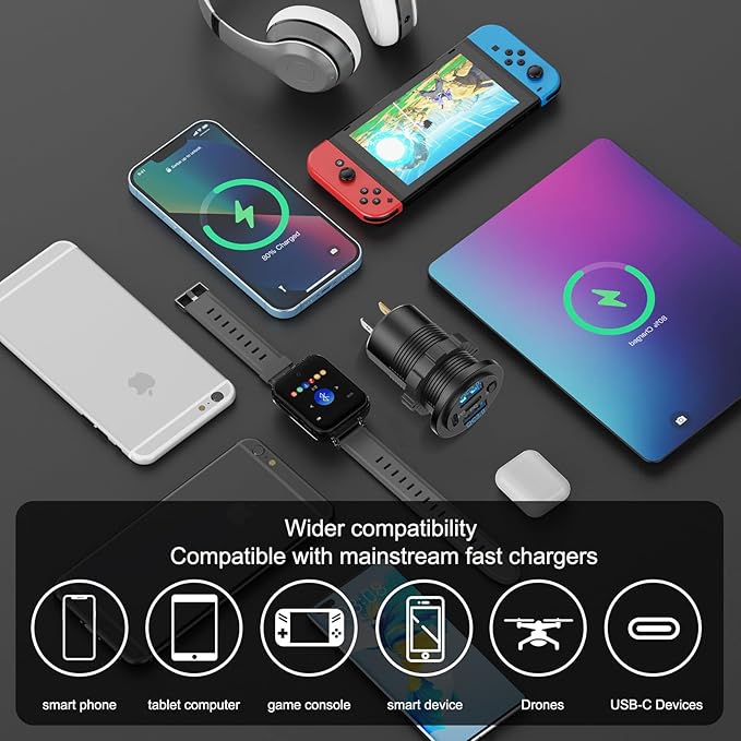 2 Pack 12V USB Outlet 4 Port Car Charger, 78W Super Fast Dual PD3.0 & QC3.0 Multiple USB Port for Car, USB C Cigarette Lighter Replacement 12 Volt Socket Waterproof for Marine Boat Motorcycle RV Golf