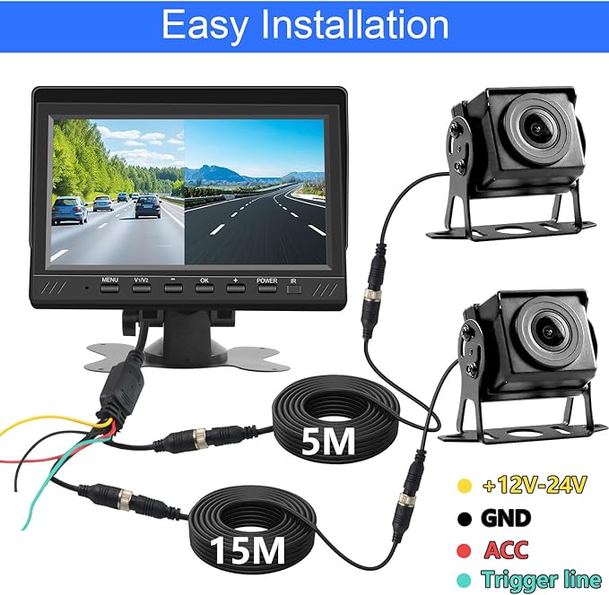 Dual Backup Camera 7" Split Monitor with 32G SD Card Kit, AHD 2 Channels Split Screen with 32G Recording, Reversing Camera IP69 Waterproof Front & Rear View Camera for Truck Trailer Semi-Trailer Box