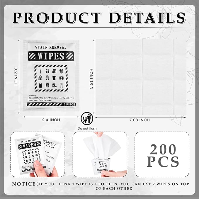 Timgle 200 Pcs Instant Stain Remover Wipes Individual Wrapped Stain Remover Wipes Bulk Portable No-rinse Cleaner for Clothes Fabric Coffee Grease Travel Purse Diaper Bag Car Laundry (Black)