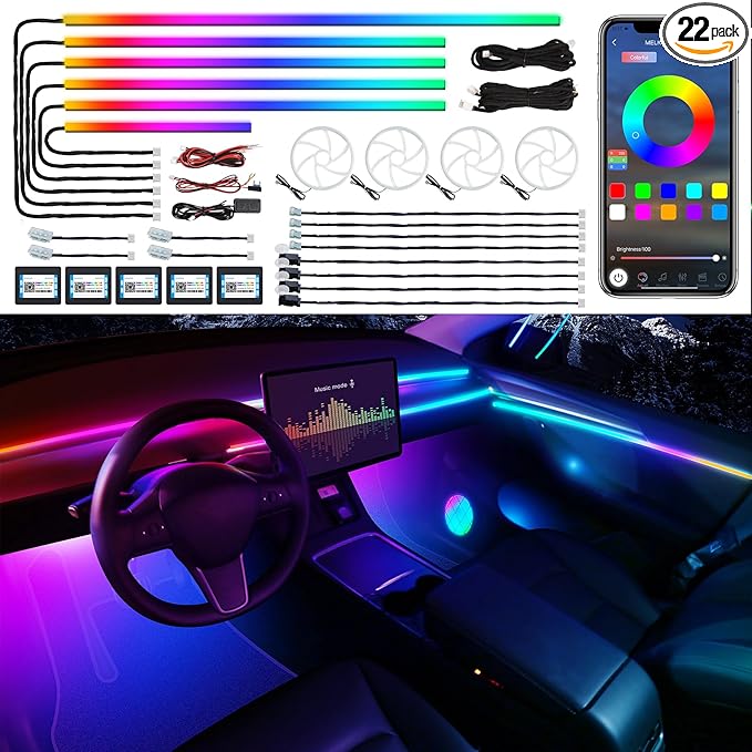 Dreamcolor Acrylic Interior Car LED Strip Light with Wireless APP, RGB 22 in 1 with 175 inches 600 LEDs Fiber Optic Car Ambient Lighting Kits, Dual Zone Sound Active Function LED Strip for Car