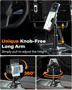 APPS2Car 15W Qi Wireless Car Charger Solid Cup Holder Mount, Adjustable Long Arm & 360° Rotation, Fits 3"–4" Round Cup Holders, Works with Cases ≤ 4 mm (No Metal Attachments)