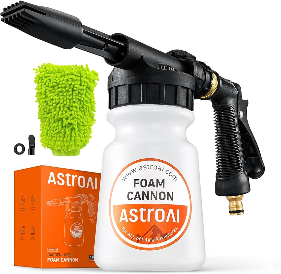 AstroAI Foam Gun Car Wash Gun with Wash Mitt, Quick Connect to Most Garden Hose, Foam Blaster Equips with 3/4” Universal Garden 3/8" Quick Connector, Amber Lable