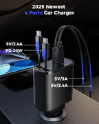 SUPERONE Retractable Car Charger for iPhone with Dual Type C Cables, 4 in 1 USB C Car Charger Adapter with 69W Fast Charging Compatible with iPhone 17 16 15 14 13 12 11 Pro/XS/XR/SE/iPad/Airpods