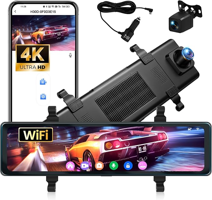 4K Mirror Dash Cam 11.26" Rear View Mirror Front and Rear View Dual Cameras with Night Vision,G-Sensor,Loop Recording,Parking Assistance,APP Control,24H Parking Monitor,Waterproof Backup Camera