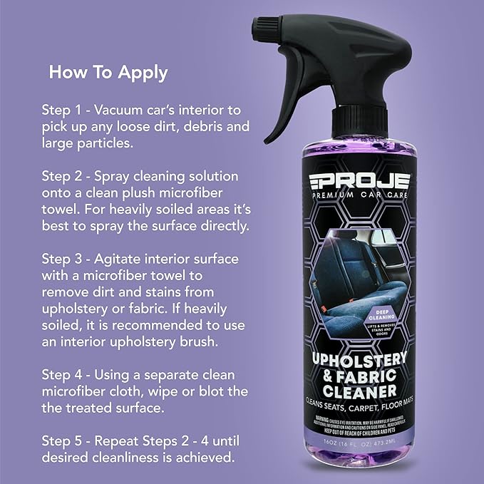PROJE' Upholstery & Fabric Cleaner - Effective Carpet Cleaner - Stain remover - Eliminates Odors - Car Seat Cleaner - 16 Fl Oz