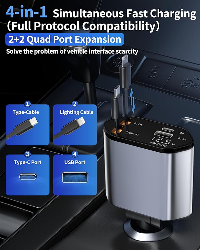 Retractable Car Charger, 4 in 1 Fast Charging Car Charger USB-C & USB-A Compatible with iPhone 16/15/14/13/12/11/X,Galaxy,Pixel