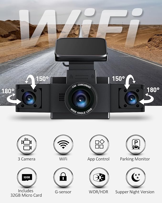 3 Channel 1080P WiFi Dash Cam,Car Recorder Front and Inside Left/Right, Free 32G Card, Dash Camera Loop Recording, Triple Camera for Cars 24 Hours/7 Parking Monitor, Wide Angle, IR Night Vision