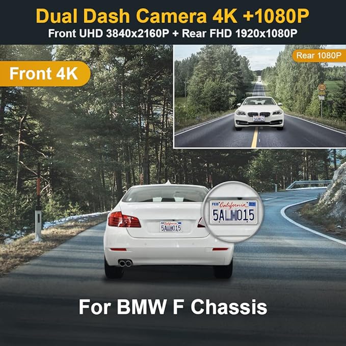 Fitcamx Front 4K+Rear 1080p Dash Cam Adapts for BMW F Chassis (Model C) 1 2 3 4 5 7 Series X1 X2 X3 X4 X5 X6 X7, OEM Look, Built-in WiFi Dual HD Video, Loop Recording G-Sensor, Easy to Set, 128GB Card