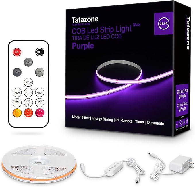 Tatazone 32.8ft Purple COB Led Strip Lights with Remote, Dimmable Bright Dotless Adhesive Indoor Led COB Light Strip for Cabinet, Painting, Room, Bed