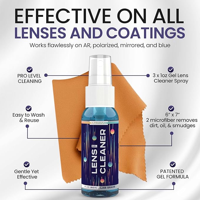 Eyeglass Gel Lens Cleaner Spray Kit - 3 x 1oz Gel Eyeglasses Cleaner Spray Bottle + 2 Microfiber Cloth for Cleaning - Safe for All Lenses (AR Coated Included), Eyeglasses and Screens