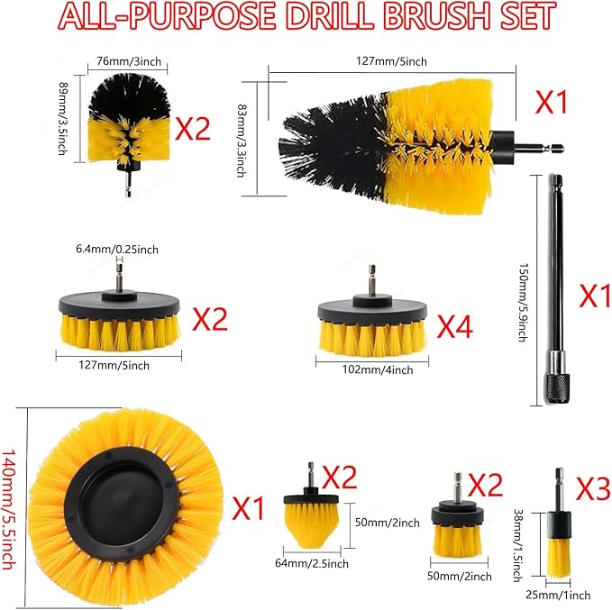 18Pack Drill Brush Power Scrubber Cleaning Brush Extended Long Attachment Set All Purpose Drill Scrub Brushes Kit for Bathroom, Car Detailing, Carpet, Tile Grout, Sinks, Corners