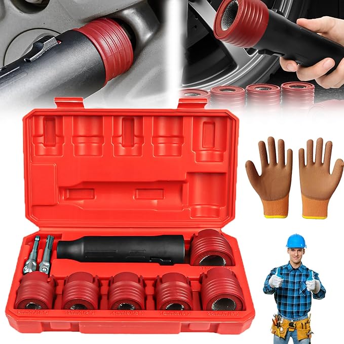 Wheel and Hub Stud Cleaning Tool Stud Cleaner Brush, 9-Piece Set Wheel Stud Cleaner, Automotive Wheel Stud Cleaner Tool Set for Removing Rust and Debris (Red)