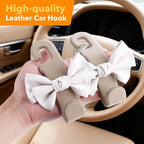Car Purse Hook, Cute Bow Hooks for Headrest - Leather U-Shaped Purse Holder for Car, Flexible Seat Back Organizer & Durable Vehicle Accessories for Bags, Coats & More (Beige-2 Pack)