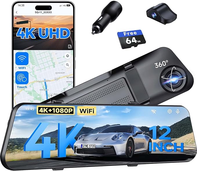 4K Mirror Dash Cam,Rear View Mirror Camera with WiFi,Dash Cam Front and Rear for Car,G-Sensor,7/24H Parking Mode,12" Touch Screen,Includes 64GB Card