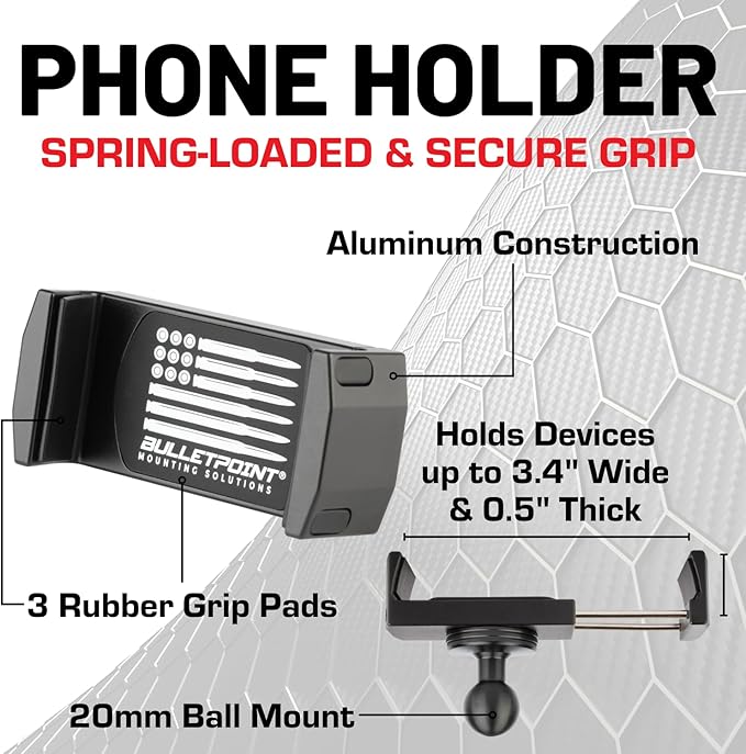 Bulletpoint Dash Mount Cell Phone Holder Compatible with 2013-2018 RAM Truck & 2019+ RAM 1500 Classic 20mm Ball Mount - Compatible with iPhone and Android Smartphones (Single Ball with Phone Holder)
