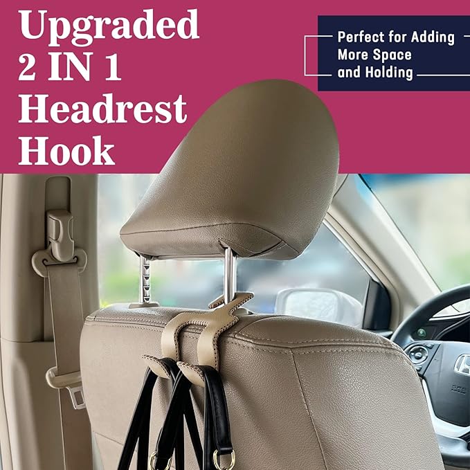 Upgraded Headrest Hooks for Purses and Bags, 2 in 1 Car Back Seat Head Rest Hanger Matching Cars Interior Genuine Leather Vehicle Storage Holder Hook, 2 Pack, Gray