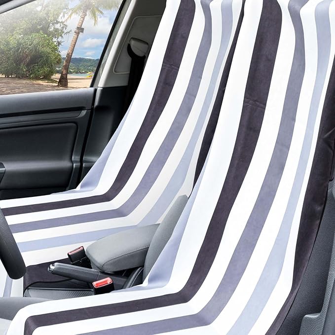 Hahafelt 2 Pack Car Seat Towel Covers with Storage Bag, 63 x 32 Inch Universal Non Slip Waterproof Sweat Protector for Car Truck, Gym Swimming Running, Machine Washable (Black Vertical Stripes)