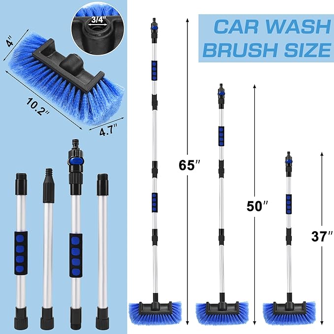 Lezcufer 65" Car Wash Brush with Long Handle, Car Wash Mop, Flow-Thru Soft Bristle Car Washing Brush with Extendable Handle and Hose Attachment for Car, SUV, Truck,RV, Boat