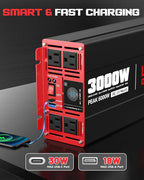 3000 Watts Power Inverter DC 12V to AC 110V/120V 6000W Peak Inverters with 4 AC Outlets Type-C PD30W/QC3.0 18W USB Fast Charging Port with LCD Display for Vehicles Home RV Car Solar Off-Grid Converter