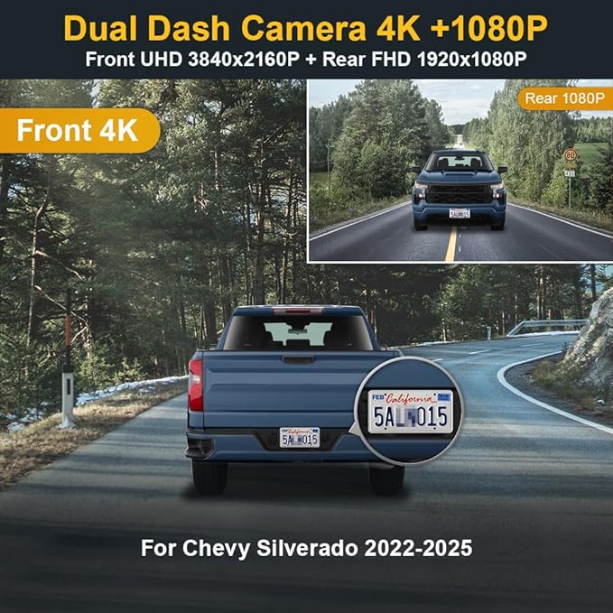 Fitcamx Front 4K+Rear 1080P Dash Cam Adapts for Chevy Silverado 2022-2025 (HD2-6275) 1500 2500HD 3500HD EV, OEM Look, WiFi & APP, Dual HD Video, Loop Recording, G-Sensor, Easy to Set, 128GB Card