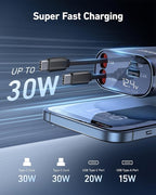 Car Phone Charger Retractable Car Charger 4 in 1 Fast Charger 30W Double USB Type C Retractable Cables 31.5 Inch and 2 USB Ports Car Charger Adapter for iPhone 17/16/15/14/13/12,Samsung,Pixel,iPad