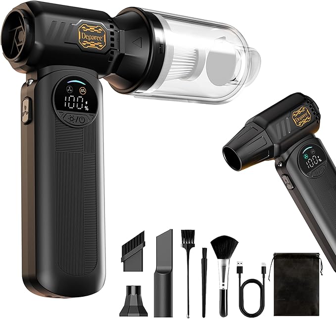 Compressed Air Duster, Super Power Turbo Air Blower with Vacuum Function, Cordless 2-in-1 Cleaning Tool, 8000mAh Battery, LED Light for PC Keyboard Car Cleaning (Black)