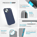 Speck iPhone 15 Case - Drop Protection, Grip - for iPhone 15, iPhone 14, iPhone 13 - Scratch Resistant, Soft Touch 6.1 Inch Phone Case - Presidio2 Grip Coastal Blue/Dust Grey/White