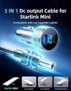 Starlink Mini Cable, 3 in 1 Starlink Mini Car Adapter DC Power Cable and Cigarette Lighter Adapter 12V-48V with Voltage Display, Durable USB-C PD 45W and USB-A 35W Ports，Suitable for Cars（16.4FT）