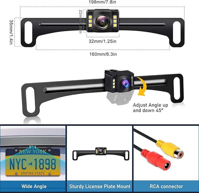 GLK Backup Camera Rear View Camera AHD 1080P Night Vision Reverse Camera, License Plate Backup Camera with 6 LED Lights,170 Degree Wide View Angle, IP69K Waterproof, for 12-24V Pickup Car Truck RV SUV