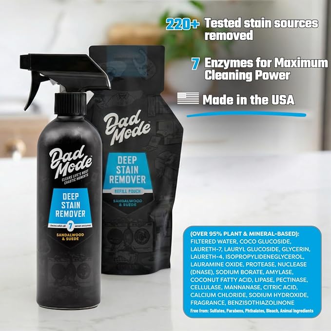 DadMode 7-Enzyme Deep Stain Remover – Heavy Duty Laundry Odor Eliminator for Extreme Clothing Messes Powered by Nuclease (DNAse) - 16oz Refillable Bottle