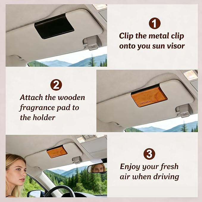 Car Air Freshener, Wood Air Freshener, Car Odor Eliminator for Visor Clip, 4-Pack Variety Scent Refill, Long Lasting - CLIP INCLUDED (Teak-Cabana-Ocean-Black Currant Rose)