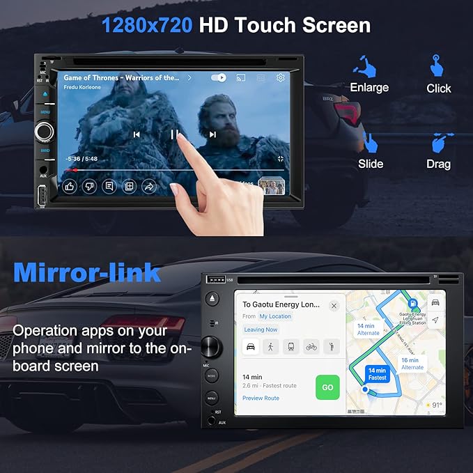 Double Din car Stereo with CD/DVD Player- CarPlay & Android Auto, Car Audio with Bluetooth, 7 Inch HD Touchscreen, Rear Camera, USB/TF/AUX, Subwoofer, AM/FM Radio Receiver
