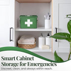 Flexzion Medicine Box, Home Pharmacy Box, 33 x 21 x 19 cm, Metal Medication Storage for Emergency, First Aid Cabinet, with Side Handles, Removable Tray & 5 Compartments, Green